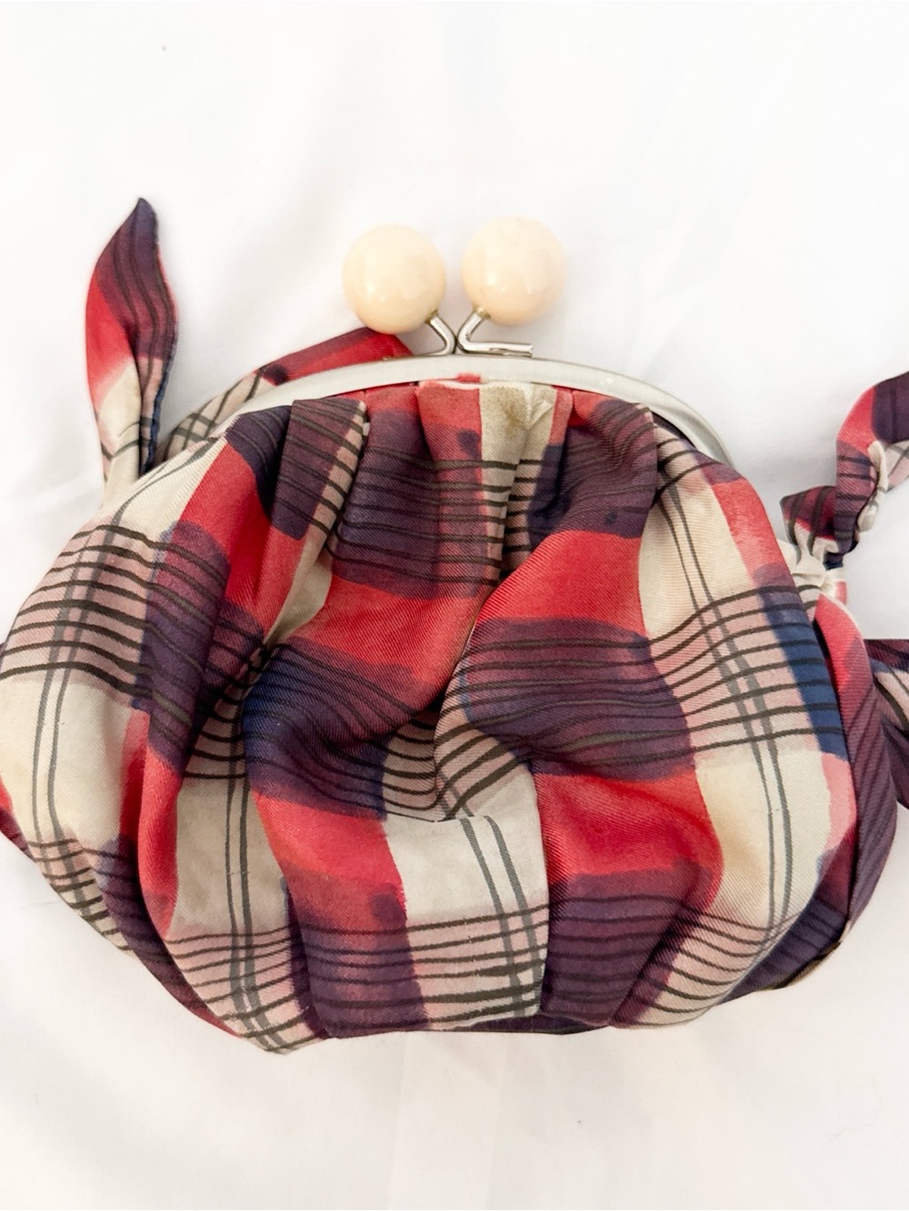 Anthropologie Plaid Kiss-Lock Satchel in Red, Navy, and Cream
